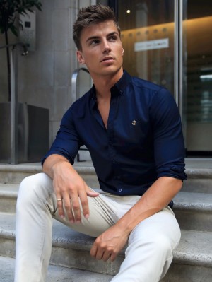 Navy Blakely Albany Fitted Stretch Shirt | KAGV-16274