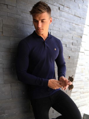 Navy Blakely Harrow Long-Sleeve Polo Shirt | JPTN-57623