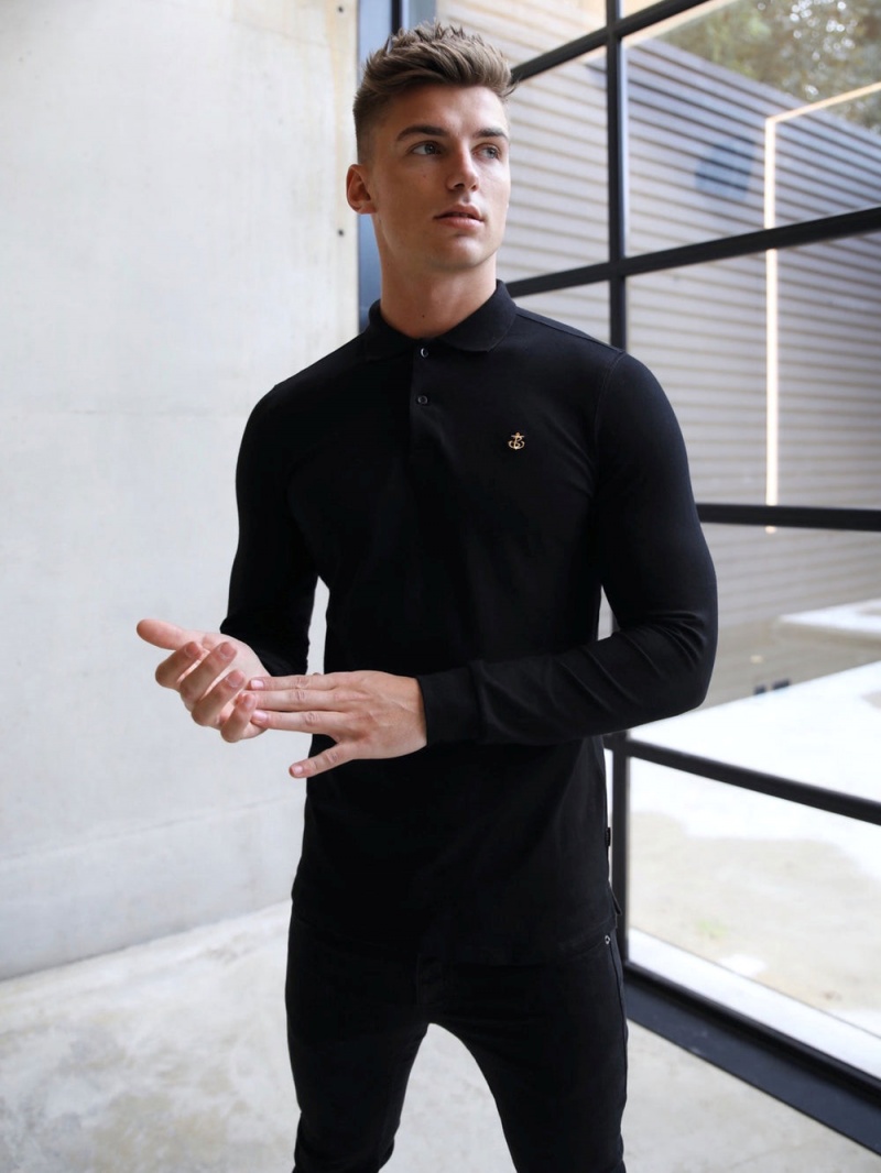 Black Blakely Harrow Long-Sleeve Polo Shirt | GXLC-86927