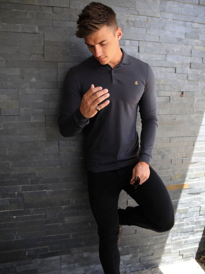 Charcoal Blakely Harrow Long-Sleeve Polo Shirt | QPIX-83207
