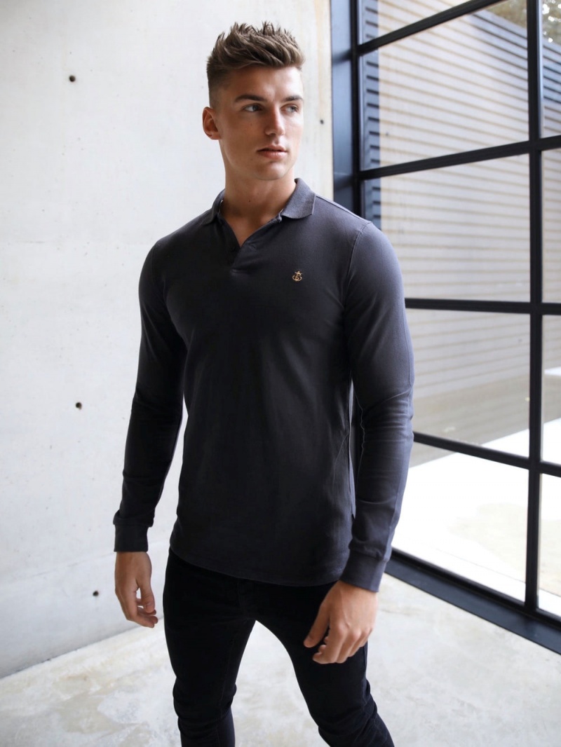 Charcoal Blakely Harrow Long-Sleeve Polo Shirt | QPIX-83207