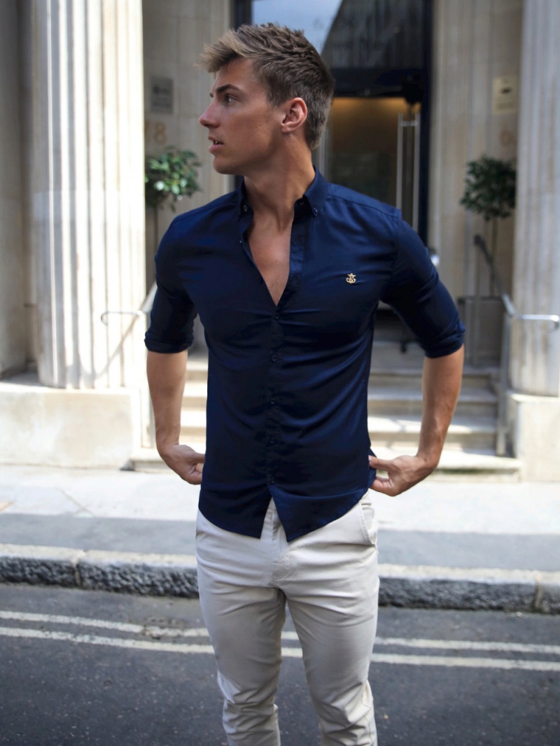 Navy Blakely Albany Fitted Stretch Shirt | KAGV-16274