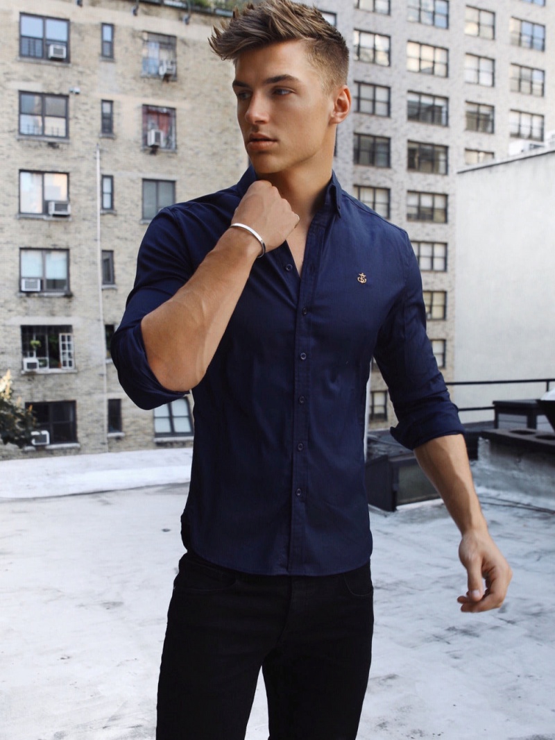 Navy Blakely Albany Fitted Stretch Shirt | KAGV-16274