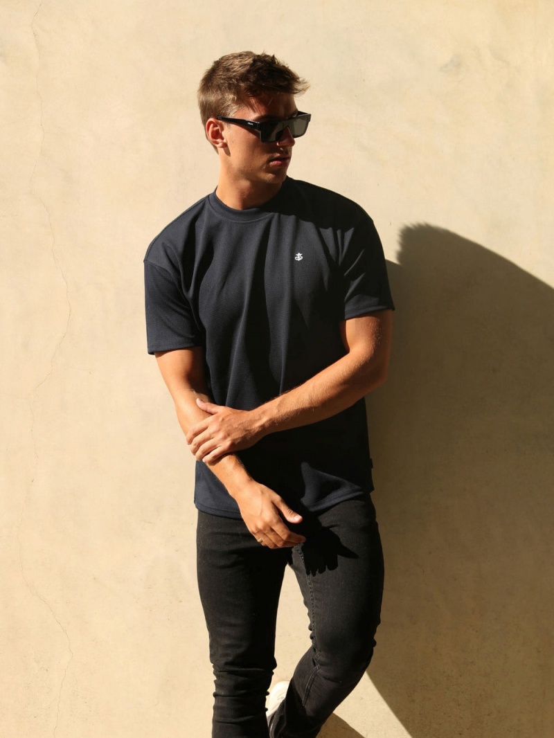 Navy Blakely Ceuta Textured Oversized T-Shirt | FKAE-28673