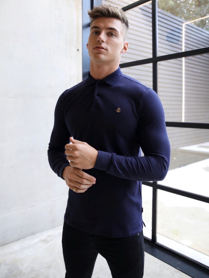 Navy Blakely Harrow Long-Sleeve Polo Shirt | JPTN-57623