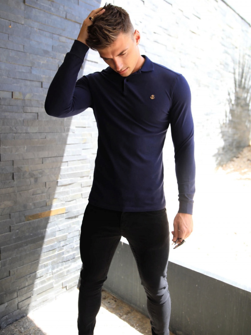 Navy Blakely Harrow Long-Sleeve Polo Shirt | JPTN-57623